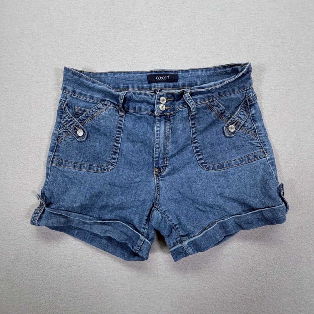 Karen T Womens Denim Shorts Regular Fit Blue Cuffed Stretch Pockets 18
